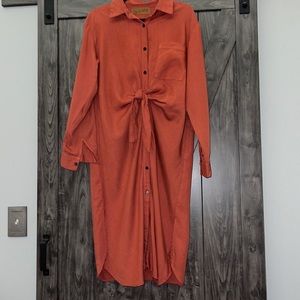 Burnt Orange button-up midi dress with a knot-tie